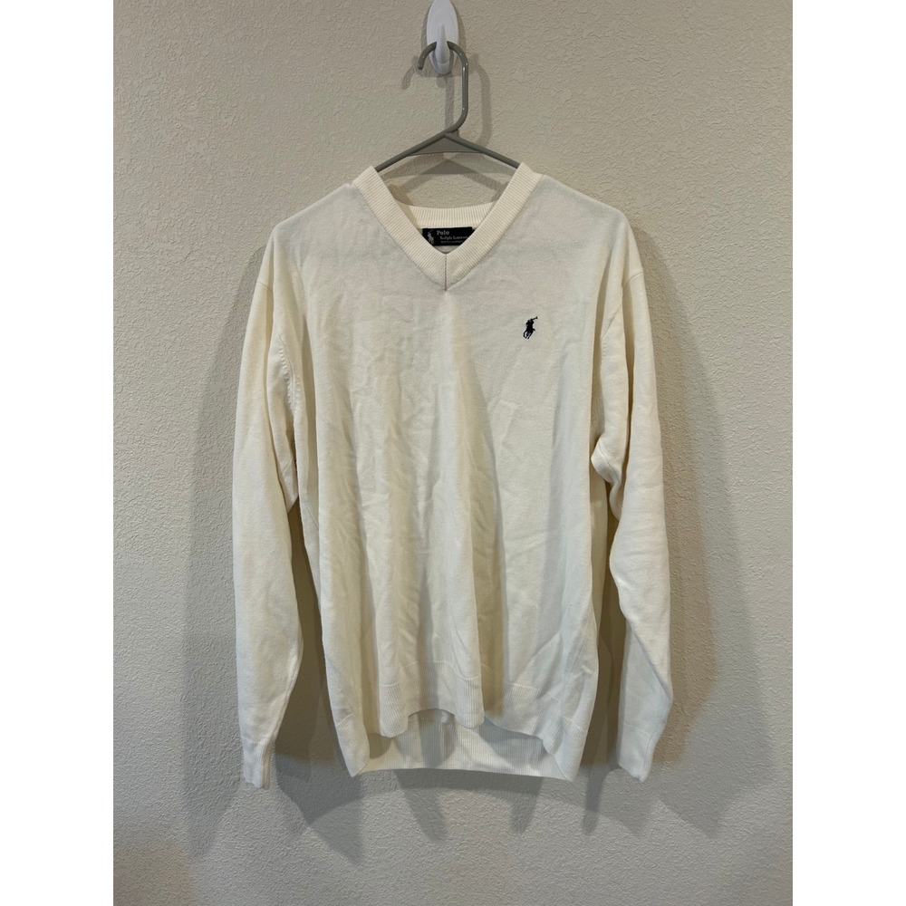 Black Label Polo Ralph Lauren Mens Cream 100% Cashmere V Neck Sweater XL READ